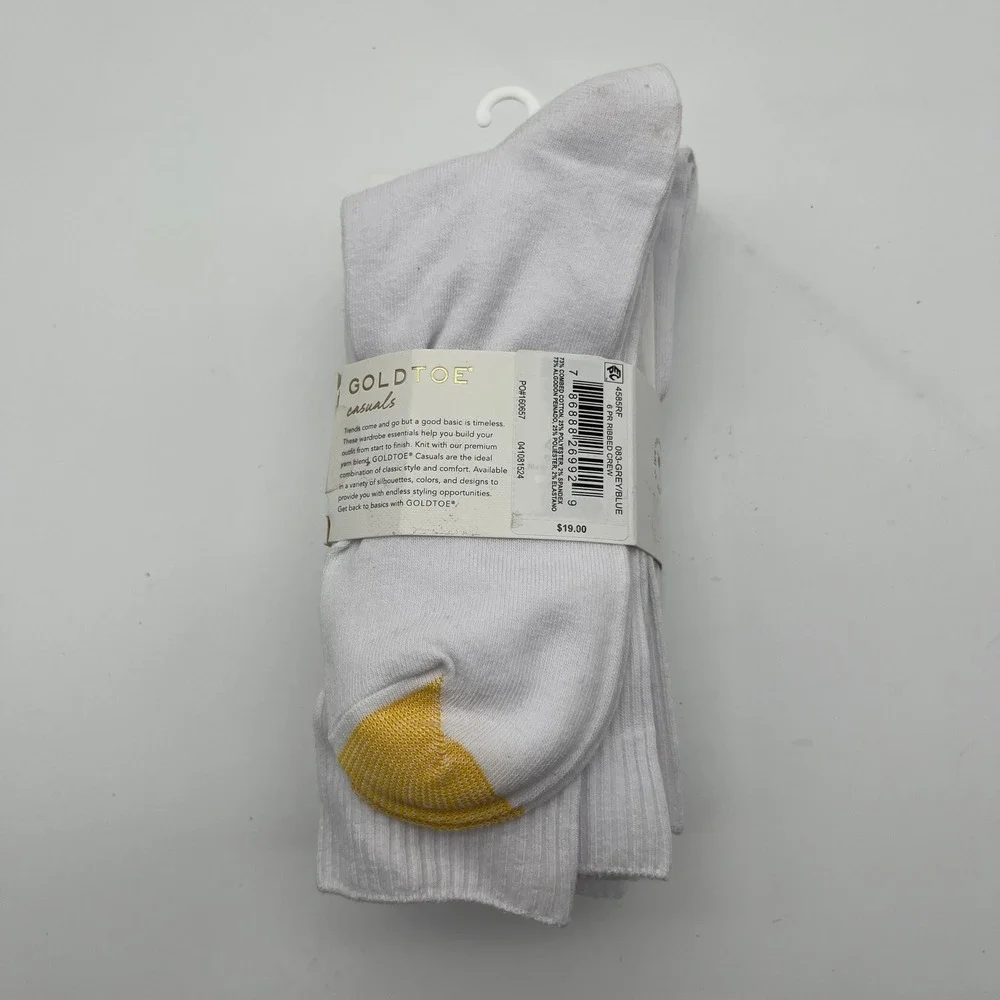 Goldtoe Socks Womens 6-9 White Casuals Ribbed Crew 6 Pair Pack Cotton Comfort